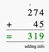 Calculate 274 + 45 using long addition