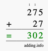 Calculate 275 + 27 using long addition