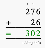 Calculate 276 + 26 using long addition