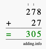 Calculate 278 + 27 using long addition
