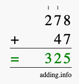 Calculate 278 + 47 using long addition