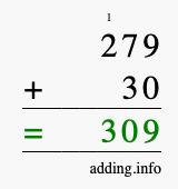 Calculate 279 + 30 using long addition