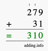 Calculate 279 + 31 using long addition