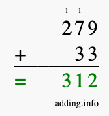 Calculate 279 + 33 using long addition