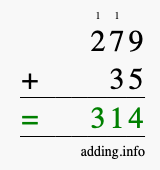 Calculate 279 + 35 using long addition