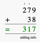 Calculate 279 + 38 using long addition