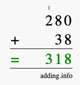 Calculate 280 + 38 using long addition