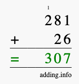 Calculate 281 + 26 using long addition