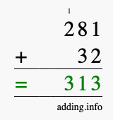 Calculate 281 + 32 using long addition