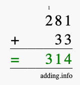 Calculate 281 + 33 using long addition