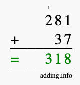 Calculate 281 + 37 using long addition