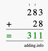 Calculate 283 + 28 using long addition