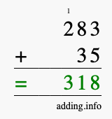 Calculate 283 + 35 using long addition
