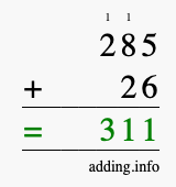 Calculate 285 + 26 using long addition