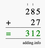 Calculate 285 + 27 using long addition