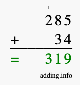 Calculate 285 + 34 using long addition