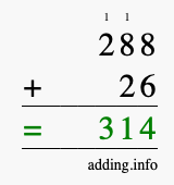 Calculate 288 + 26 using long addition