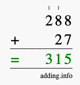 Calculate 288 + 27 using long addition