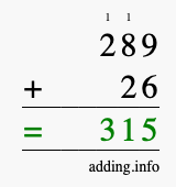 Calculate 289 + 26 using long addition