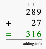 Calculate 289 + 27 using long addition