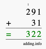 Calculate 291 + 31 using long addition