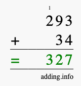 Calculate 293 + 34 using long addition