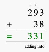 Calculate 293 + 38 using long addition