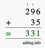 Calculate 296 + 35 using long addition