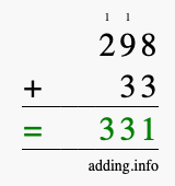 Calculate 298 + 33 using long addition