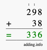 Calculate 298 + 38 using long addition