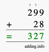 Calculate 299 + 28 using long addition