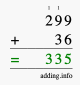 Calculate 299 + 36 using long addition