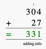 Calculate 304 + 27 using long addition