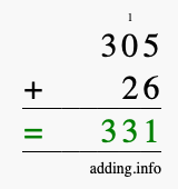 Calculate 305 + 26 using long addition