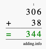 Calculate 306 + 38 using long addition