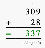 Calculate 309 + 28 using long addition