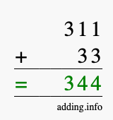 Calculate 311 + 33 using long addition