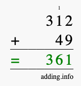 Calculate 312 + 49 using long addition