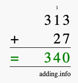 Calculate 313 + 27 using long addition