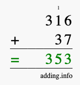 Calculate 316 + 37 using long addition
