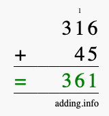 Calculate 316 + 45 using long addition