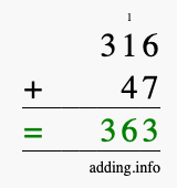 Calculate 316 + 47 using long addition