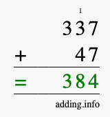 Calculate 337 + 47 using long addition