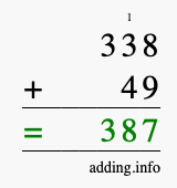 Calculate 338 + 49 using long addition