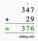 Calculate 347 + 29 using long addition