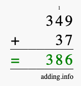 Calculate 349 + 37 using long addition