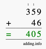 Calculate 359 + 46 using long addition