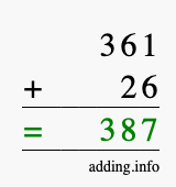 Calculate 361 + 26 using long addition