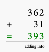 Calculate 362 + 31 using long addition