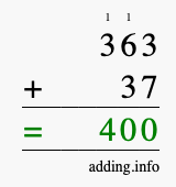 Calculate 363 + 37 using long addition